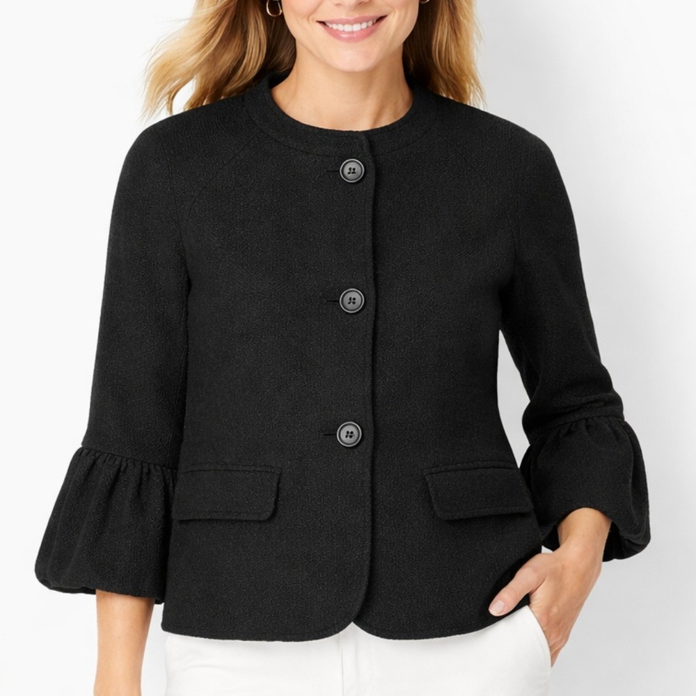 Talbots Petites Black Blazer Textured Ruffle Bell Sleeve Button Front Jacket 10P